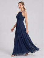 Elegant Navy Blue Chiffon A-Line Halter neckline Ankle-Length Bridesmaid Dress - Curvevia