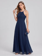 Elegant Navy Blue Chiffon A-Line Halter neckline Ankle-Length Bridesmaid Dress - Curvevia