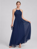 Elegant Navy Blue Chiffon A-Line Halter neckline Ankle-Length Bridesmaid Dress - Curvevia