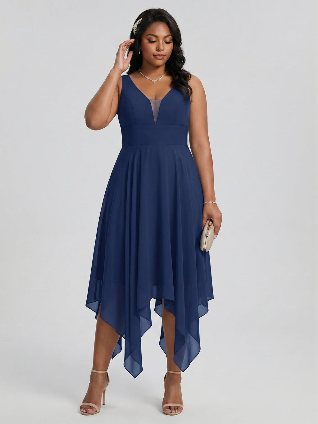 Simple Navy Blue Chiffon A-Line Sweetheart Back Zip with Sash Detail Asymmetrical Plus Size Bridesmaid Dress - Curvevia