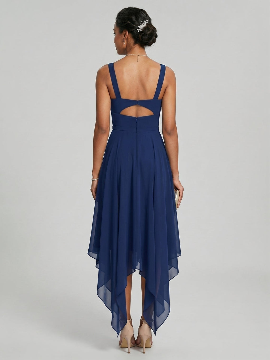Simple Navy Blue Chiffon A-Line Sweetheart Back Zip with Sash Detail Asymmetrical Plus Size Bridesmaid Dress - Curvevia