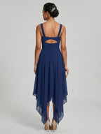 Simple Navy Blue Chiffon A-Line Sweetheart Back Zip with Sash Detail Asymmetrical Plus Size Bridesmaid Dress - Curvevia