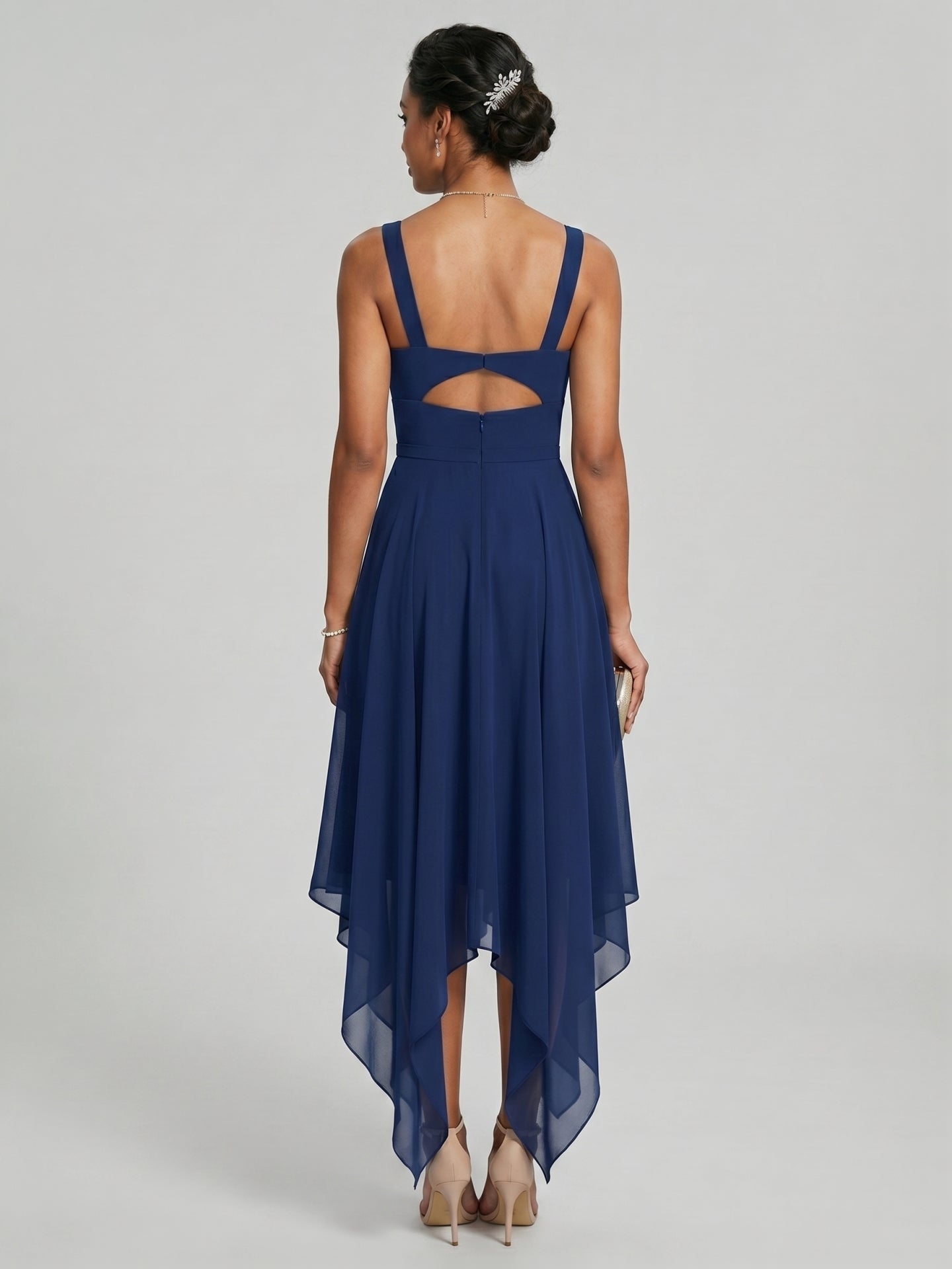 Simple Navy Blue Chiffon A-Line Sweetheart Back Zip with Sash Detail Asymmetrical Plus Size Bridesmaid Dress - Curvevia