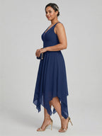 Simple Navy Blue Chiffon A-Line Sweetheart Back Zip with Sash Detail Asymmetrical Plus Size Bridesmaid Dress - Curvevia