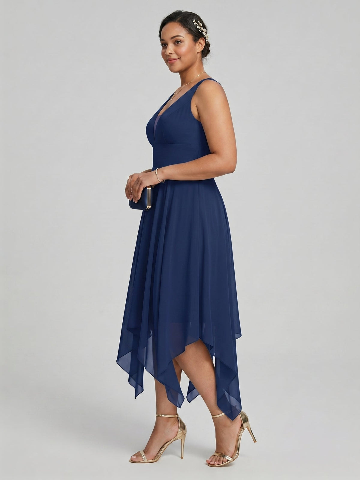 Simple Navy Blue Chiffon A-Line Sweetheart Back Zip with Sash Detail Asymmetrical Plus Size Bridesmaid Dress - Curvevia