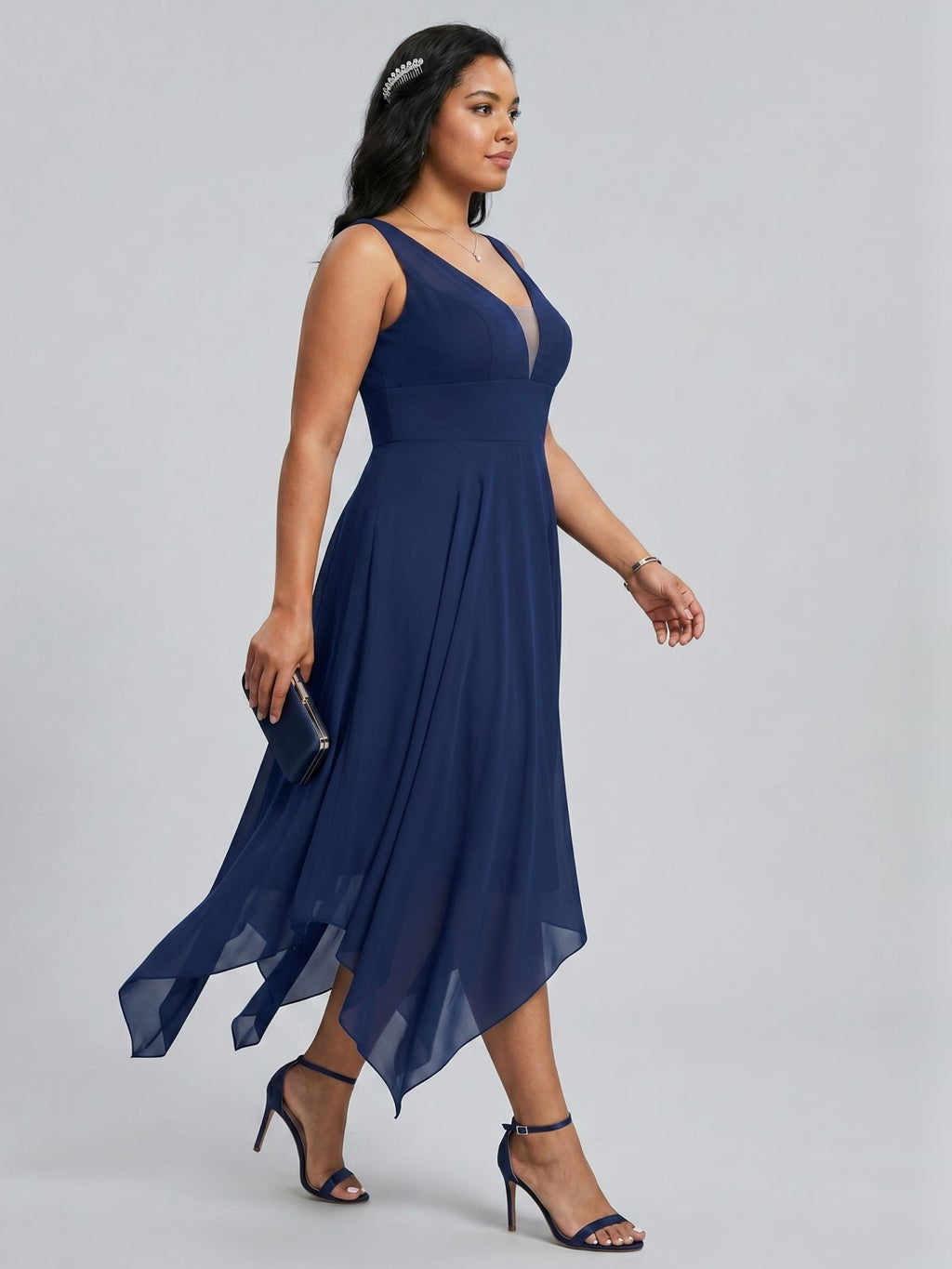 Simple Navy Blue Chiffon A-Line Sweetheart Back Zip with Sash Detail Asymmetrical Plus Size Bridesmaid Dress - Curvevia