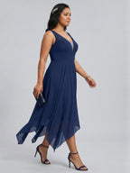 Simple Navy Blue Chiffon A-Line Sweetheart Back Zip with Sash Detail Asymmetrical Plus Size Bridesmaid Dress - Curvevia