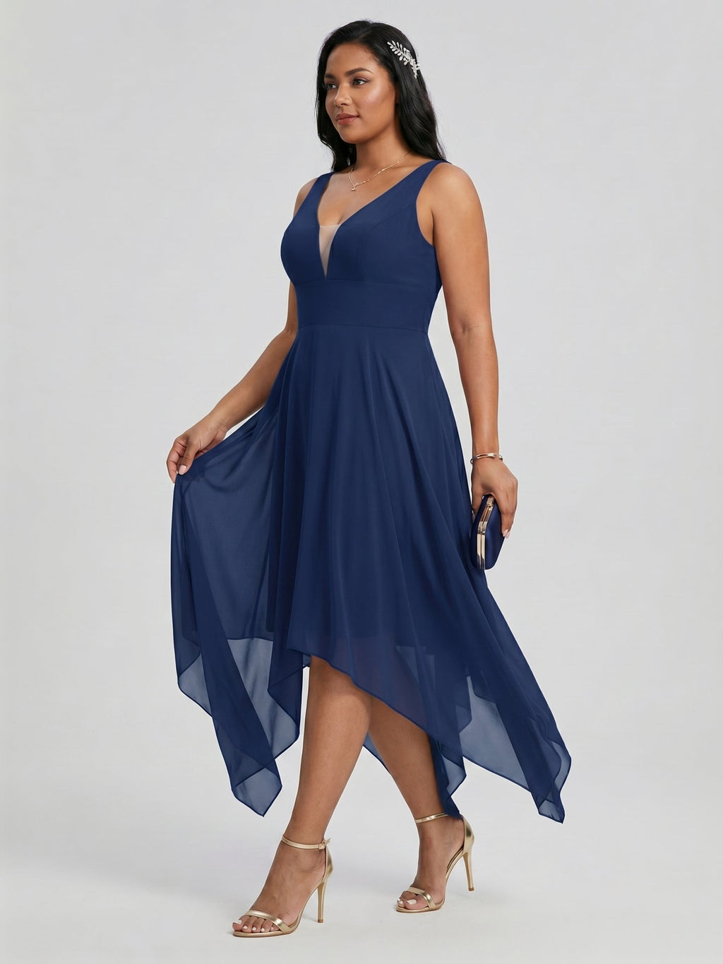 Simple Navy Blue Chiffon A-Line Sweetheart Back Zip with Sash Detail Asymmetrical Plus Size Bridesmaid Dress - Curvevia
