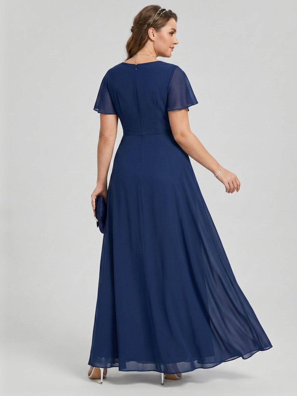 Elegant Navy Blue Chiffon A-Line Cowl Neck Back Zip Ankle-Length Bridesmaid Dress - Curvevia
