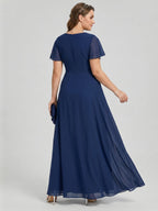 Elegant Navy Blue Chiffon A-Line Cowl Neck Back Zip Ankle-Length Bridesmaid Dress - Curvevia