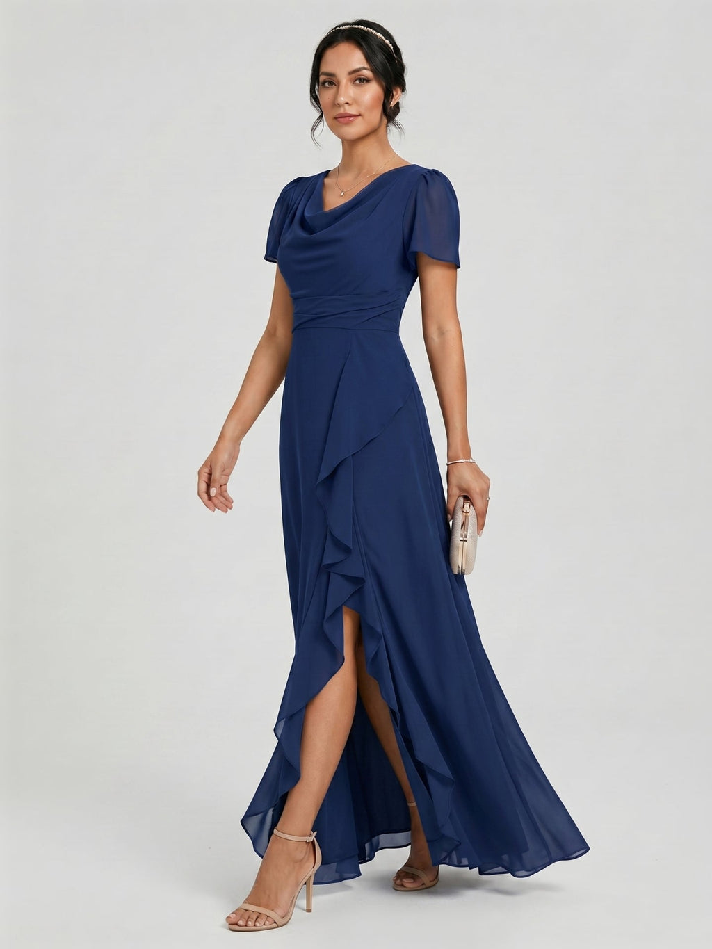 Elegant Navy Blue Chiffon A-Line Cowl Neck Back Zip Ankle-Length Bridesmaid Dress - Curvevia