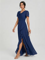 Elegant Navy Blue Chiffon A-Line Cowl Neck Back Zip Ankle-Length Bridesmaid Dress - Curvevia