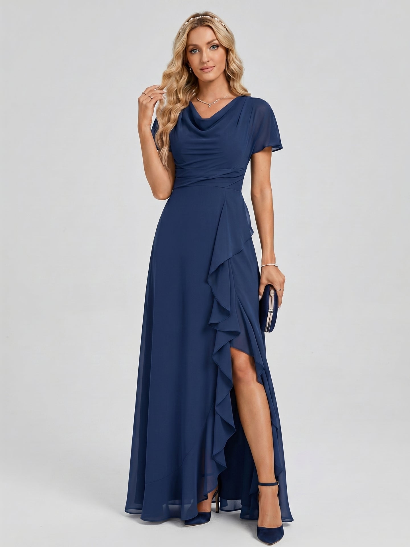 Elegant Navy Blue Chiffon A-Line Cowl Neck Back Zip Ankle-Length Bridesmaid Dress - Curvevia