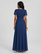 Elegant Navy Blue Chiffon A-Line Cowl Neck Back Zip Ankle-Length Bridesmaid Dress - Curvevia