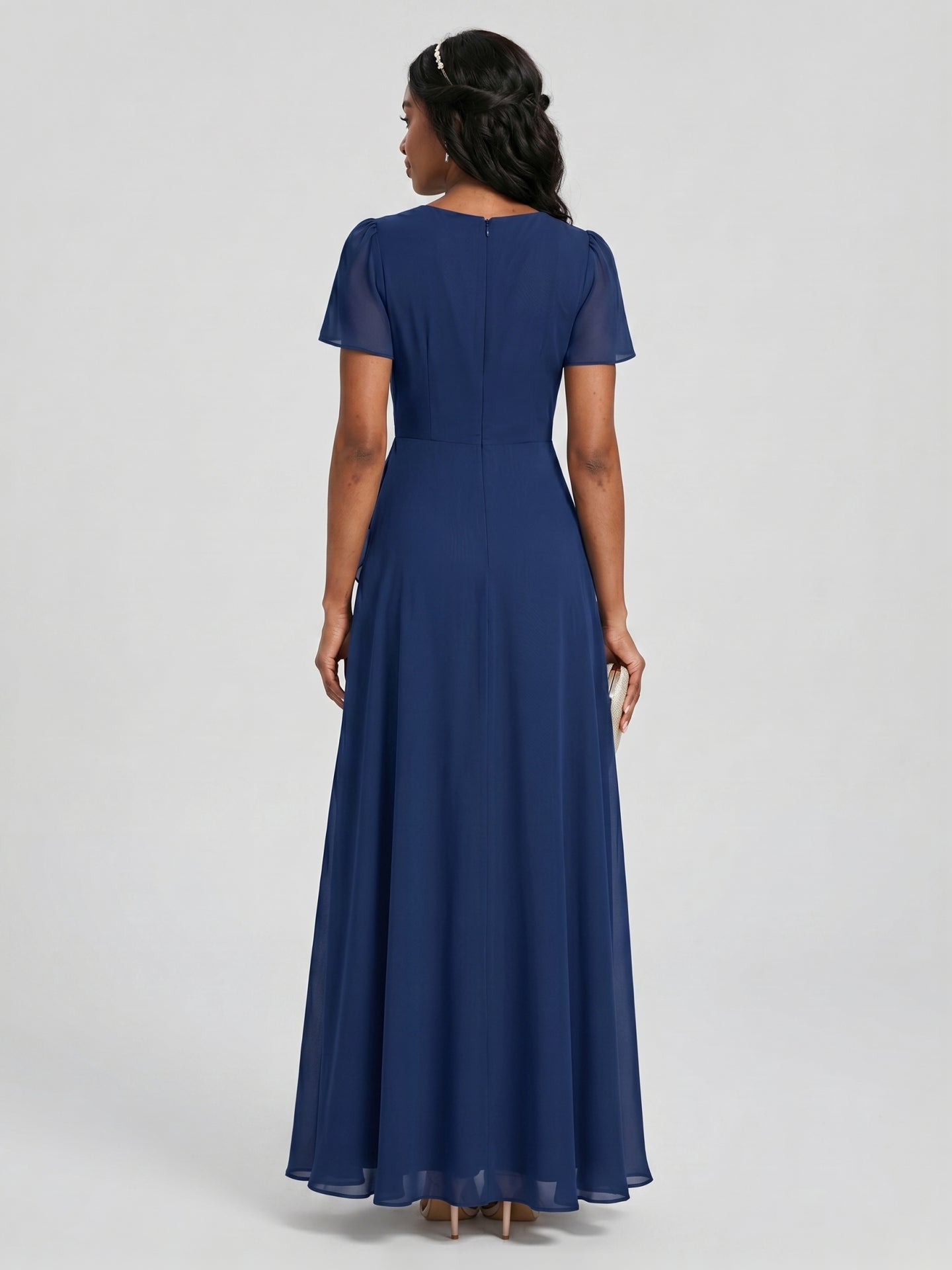 Elegant Navy Blue Chiffon A-Line Cowl Neck Back Zip Ankle-Length Bridesmaid Dress - Curvevia