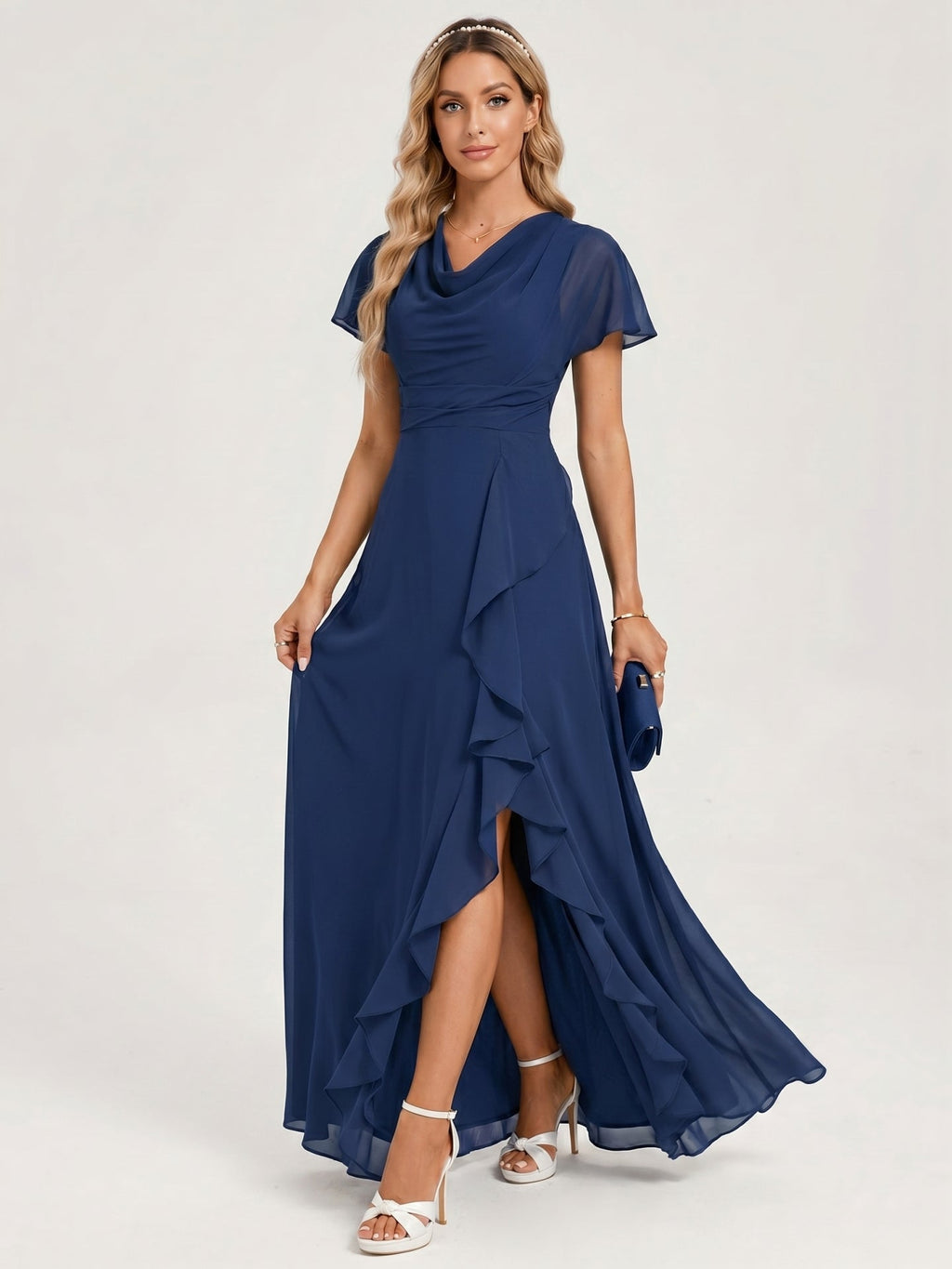 Elegant Navy Blue Chiffon A-Line Cowl Neck Back Zip Ankle-Length Bridesmaid Dress - Curvevia