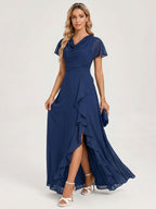 Elegant Navy Blue Chiffon A-Line Cowl Neck Back Zip Ankle-Length Bridesmaid Dress - Curvevia