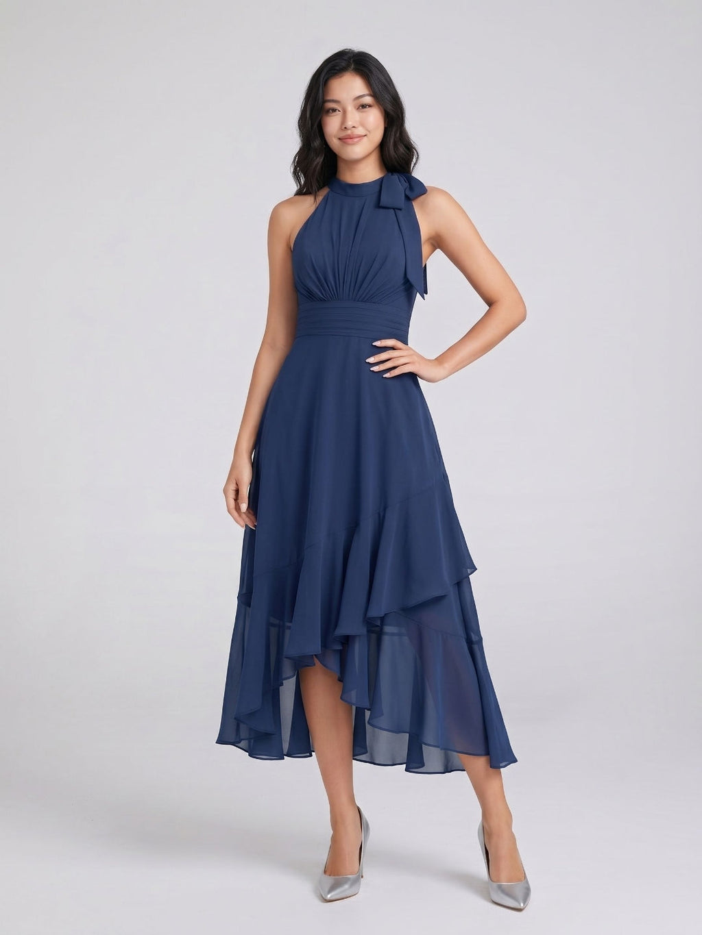 Navy Blue Chiffon A-Line Halter Back Zip Asymmetrical Dress with Bow - Curvevia