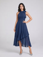 Navy Blue Chiffon A-Line Halter Back Zip Asymmetrical Dress with Bow - Curvevia