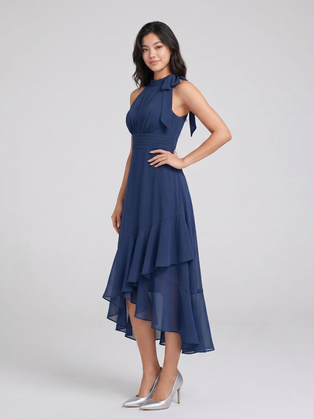 Navy Blue Chiffon A-Line Halter Back Zip Asymmetrical Dress with Bow - Curvevia