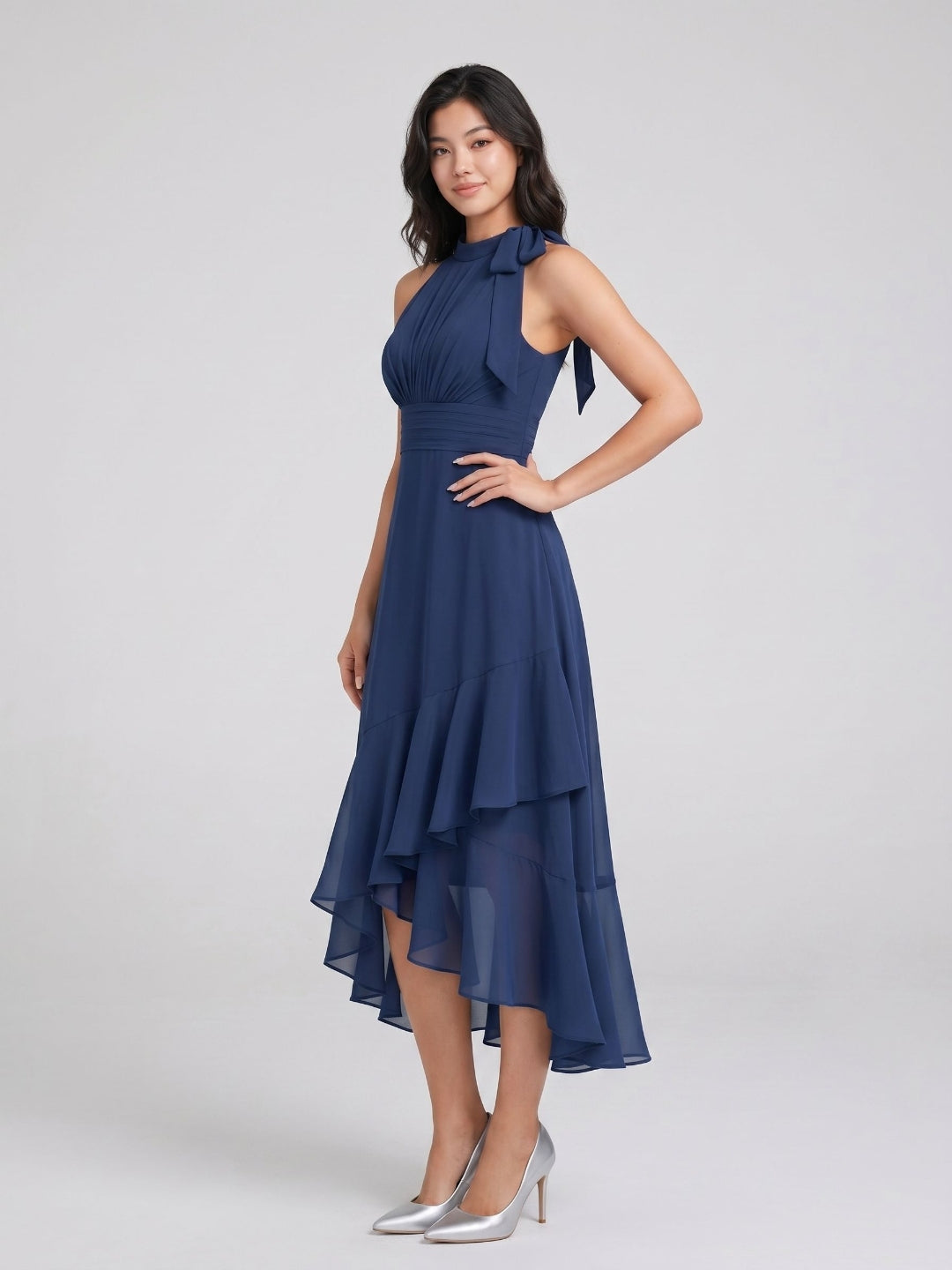 Navy Blue Chiffon A-Line Halter Back Zip Asymmetrical Dress with Bow - Curvevia