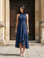 Navy Blue Chiffon A-Line Halter Back Zip Asymmetrical Dress with Bow - Curvevia