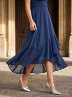 Navy Blue Chiffon A-Line Halter Back Zip Asymmetrical Dress with Bow - Curvevia