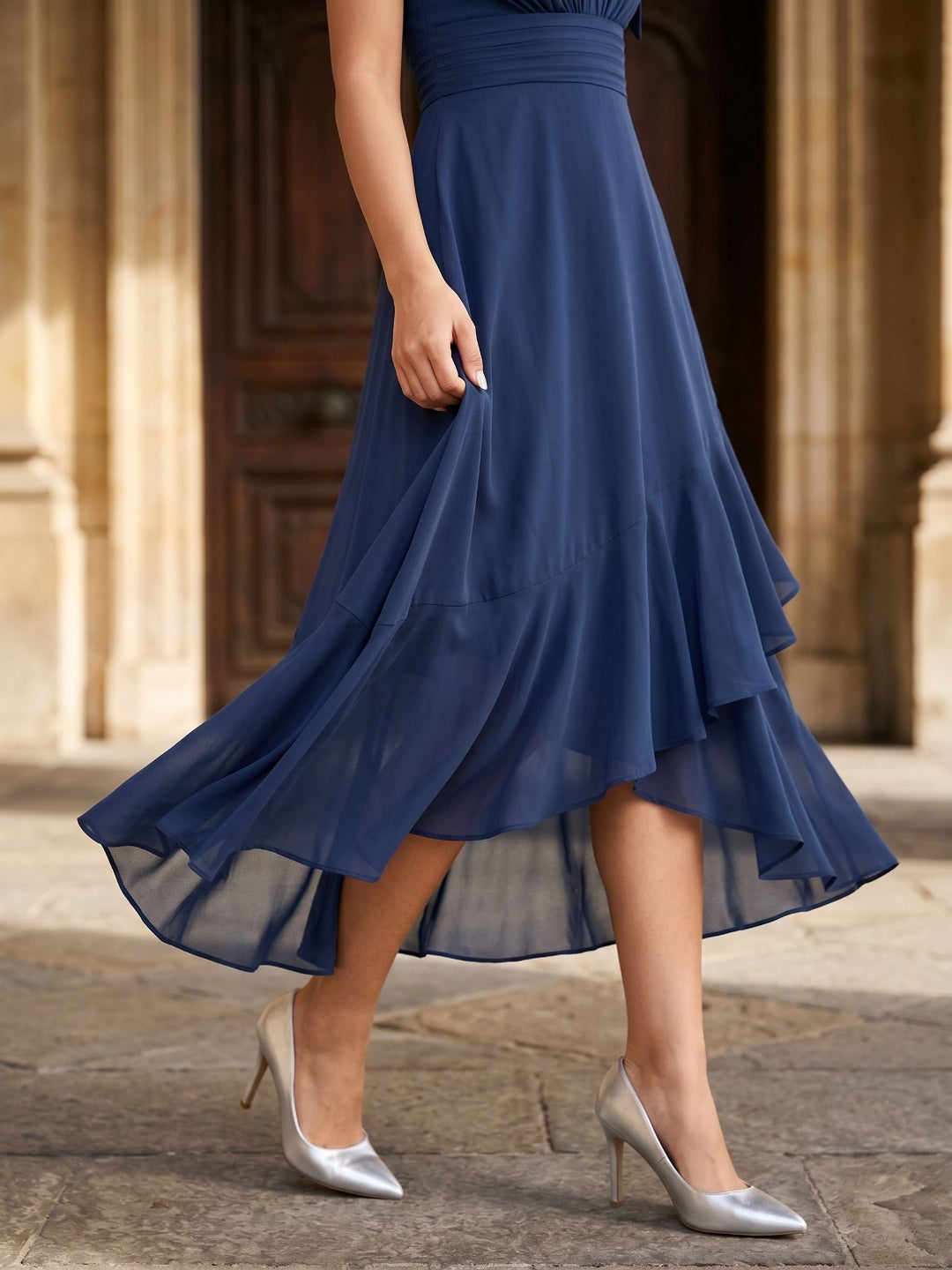 Navy Blue Chiffon A-Line Halter Back Zip Asymmetrical Dress with Bow - Curvevia