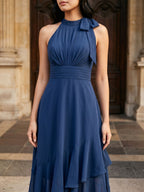 Navy Blue Chiffon A-Line Halter Back Zip Asymmetrical Dress with Bow - Curvevia