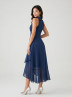 Navy Blue Chiffon A-Line Halter Back Zip Asymmetrical Dress with Bow - Curvevia