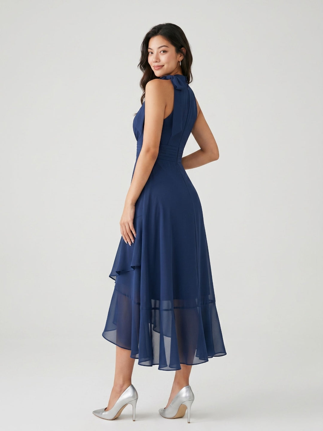 Navy Blue Chiffon A-Line Halter Back Zip Asymmetrical Dress with Bow - Curvevia