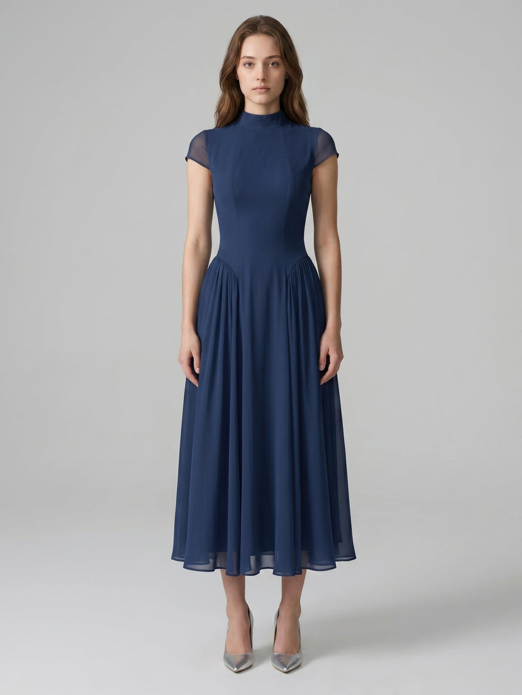 Navy Blue Chiffon A-Line Scoop Neck Back Zip Ankle-Length Bridesmaid Dress - Curvevia