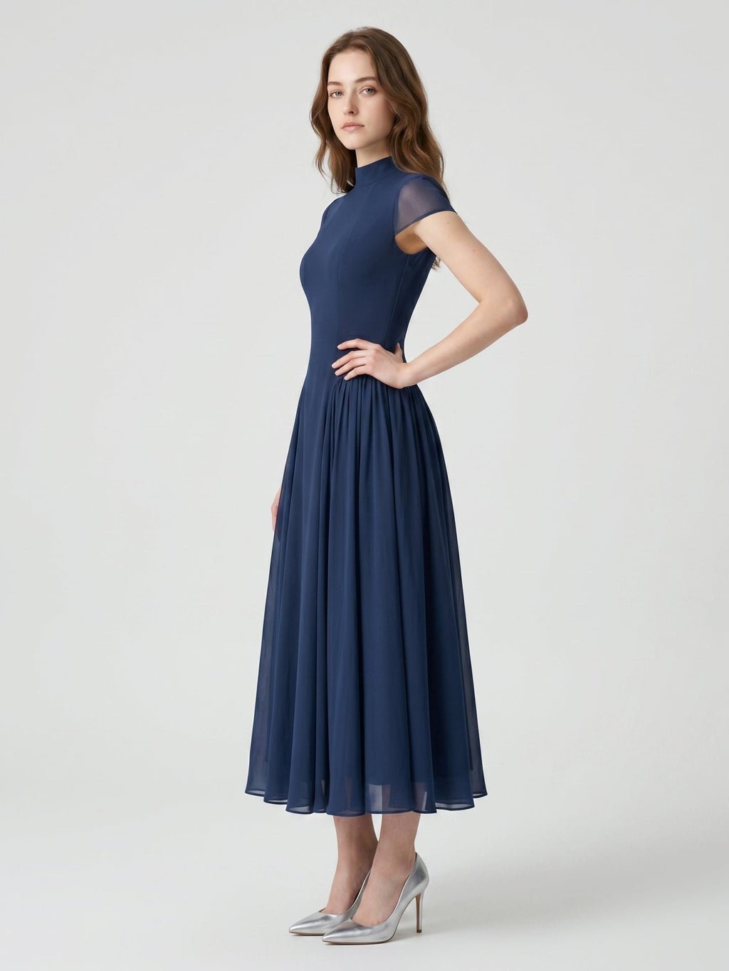Navy Blue Chiffon A-Line Scoop Neck Back Zip Ankle-Length Bridesmaid Dress - Curvevia