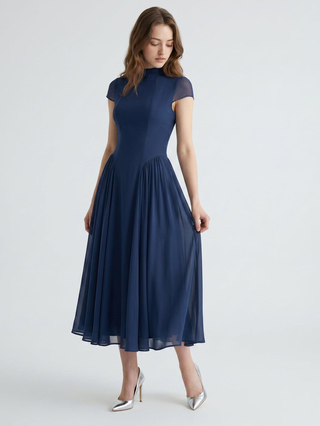 Navy Blue Chiffon A-Line Scoop Neck Back Zip Ankle-Length Bridesmaid Dress - Curvevia