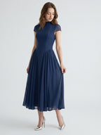 Navy Blue Chiffon A-Line Scoop Neck Back Zip Ankle-Length Bridesmaid Dress - Curvevia