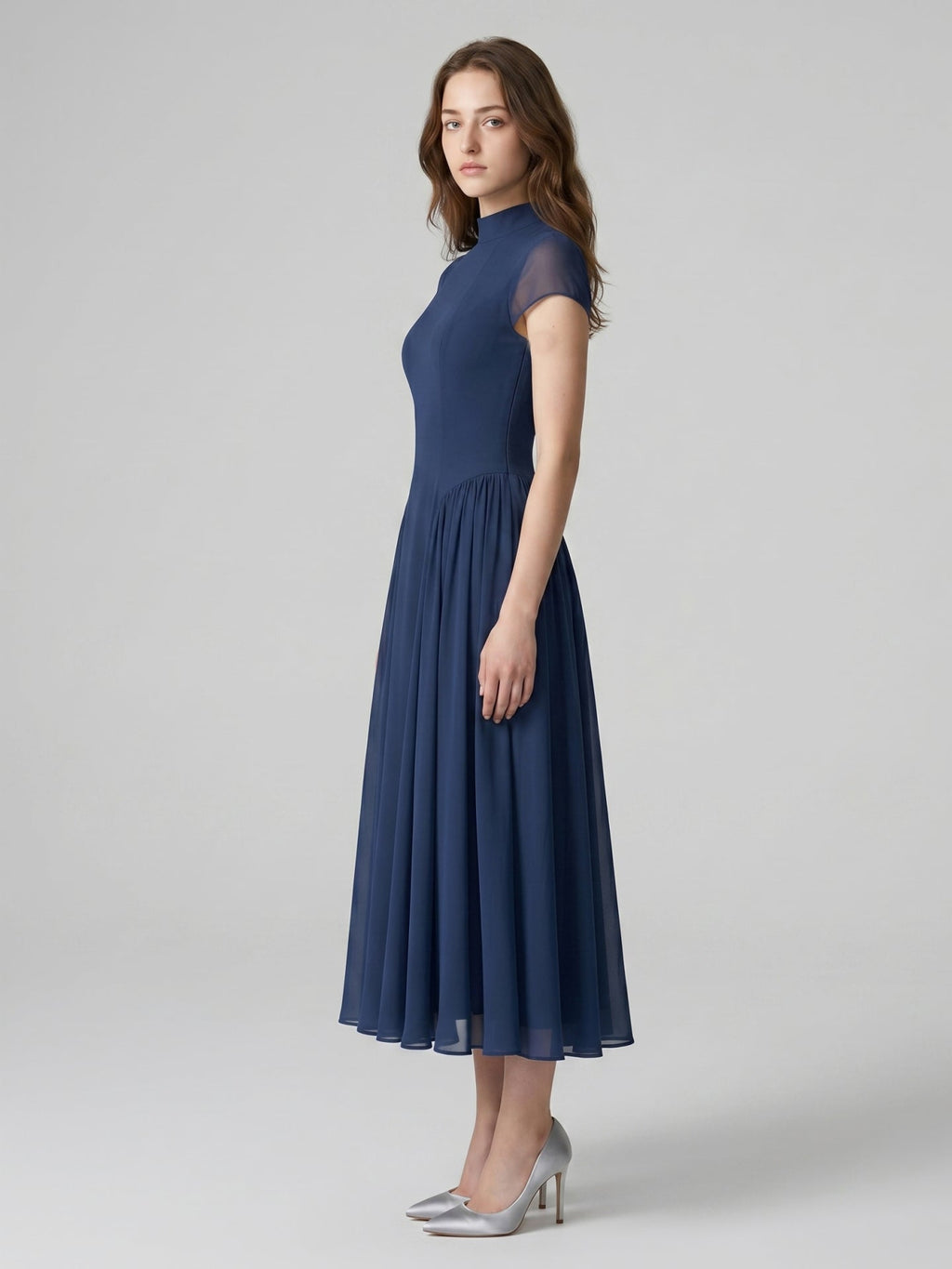Navy Blue Chiffon A-Line Scoop Neck Back Zip Ankle-Length Bridesmaid Dress - Curvevia