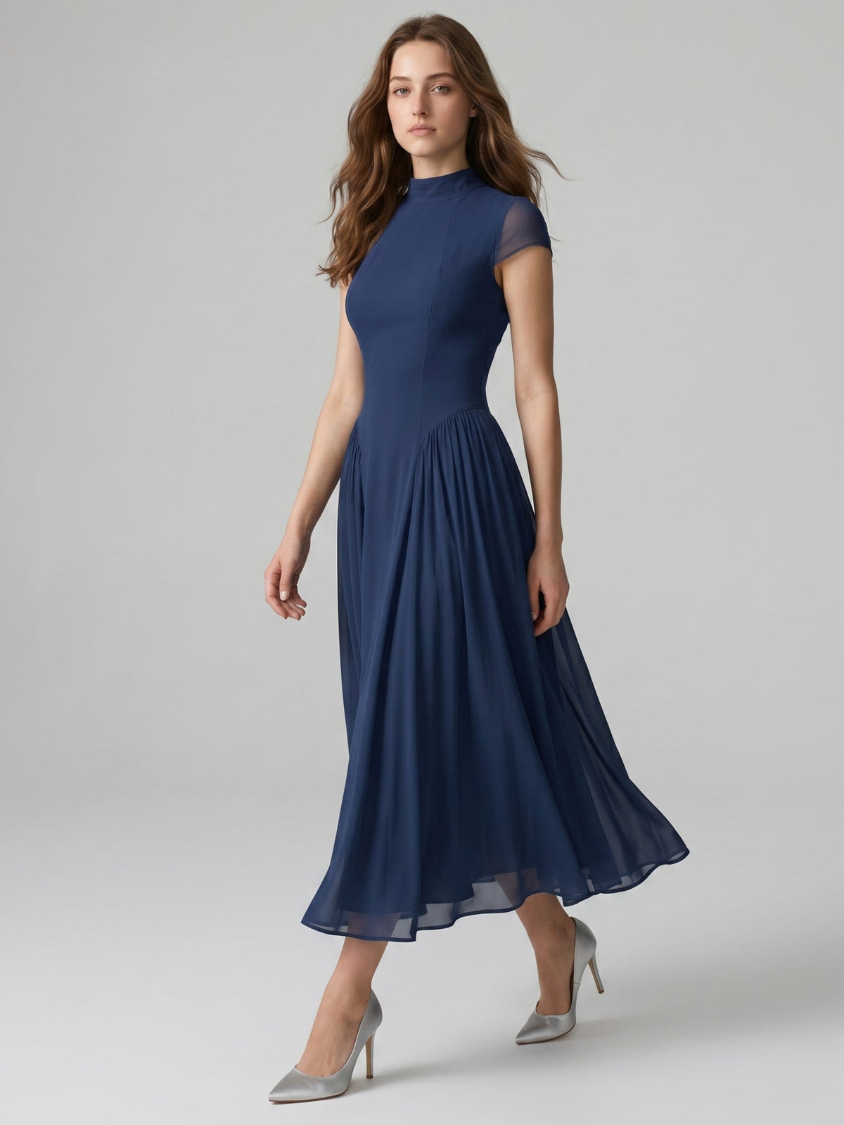 Navy Blue Chiffon A-Line Scoop Neck Back Zip Ankle-Length Bridesmaid Dress - Curvevia