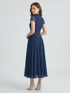 Navy Blue Chiffon A-Line Scoop Neck Back Zip Ankle-Length Bridesmaid Dress - Curvevia