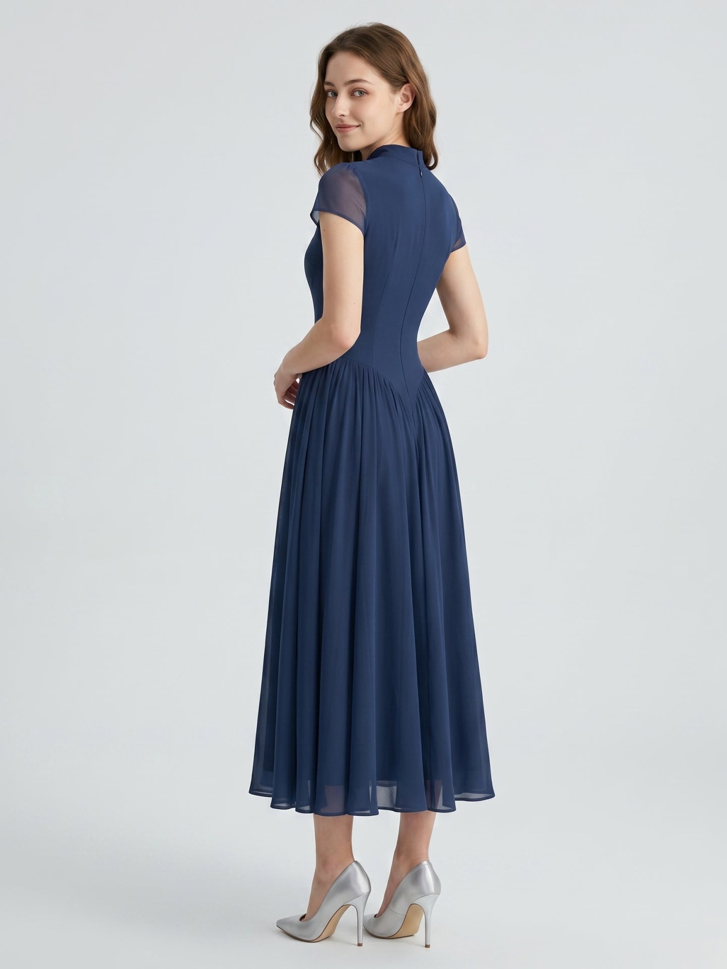 Navy Blue Chiffon A-Line Scoop Neck Back Zip Ankle-Length Bridesmaid Dress - Curvevia
