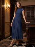 Navy Blue Chiffon A-Line Scoop Neck Back Zip Ankle-Length Bridesmaid Dress - Curvevia