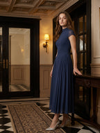 Navy Blue Chiffon A-Line Scoop Neck Back Zip Ankle-Length Bridesmaid Dress - Curvevia