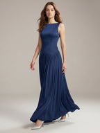 Navy Blue Chiffon A-Line Scoop Neck Back Zip Floor-Length Bridesmaid Dress with Pleated Details - Curvevia