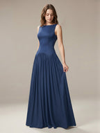 Navy Blue Chiffon A-Line Scoop Neck Back Zip Floor-Length Bridesmaid Dress with Pleated Details - Curvevia