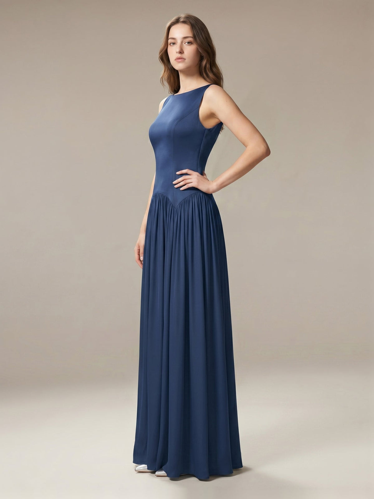 Navy Blue Chiffon A-Line Scoop Neck Back Zip Floor-Length Bridesmaid Dress with Pleated Details - Curvevia