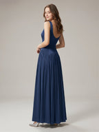 Navy Blue Chiffon A-Line Scoop Neck Back Zip Floor-Length Bridesmaid Dress with Pleated Details - Curvevia