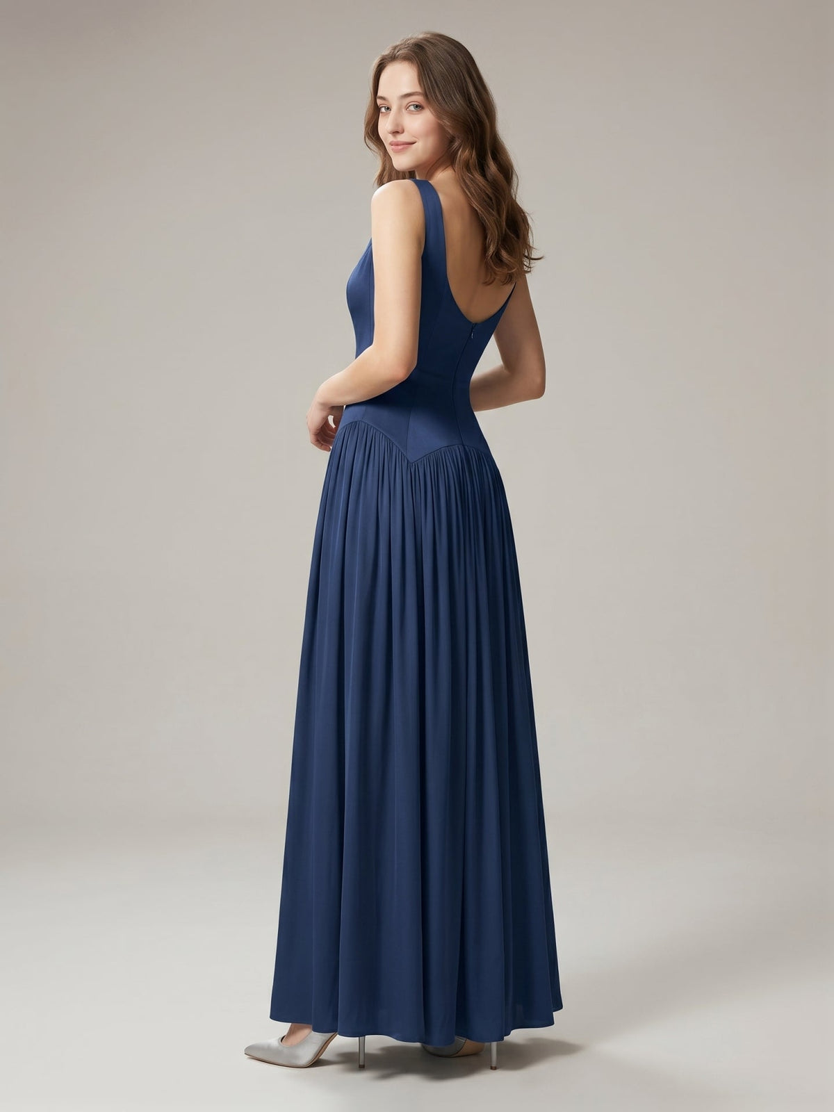 Navy Blue Chiffon A-Line Scoop Neck Back Zip Floor-Length Bridesmaid Dress with Pleated Details - Curvevia
