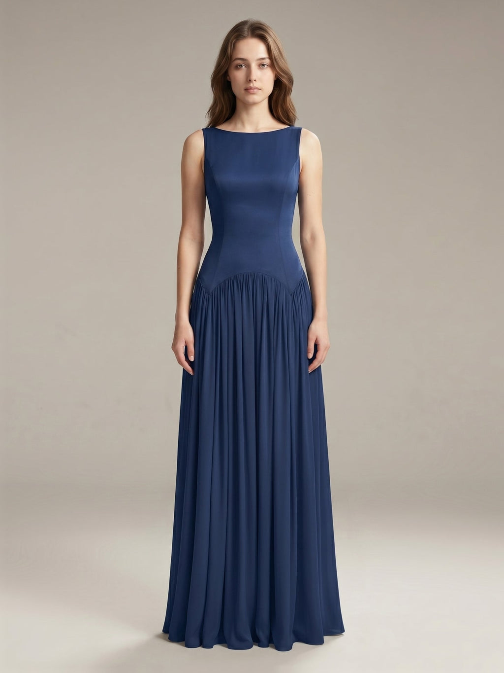 Navy Blue Chiffon A-Line Scoop Neck Back Zip Floor-Length Bridesmaid Dress with Pleated Details - Curvevia