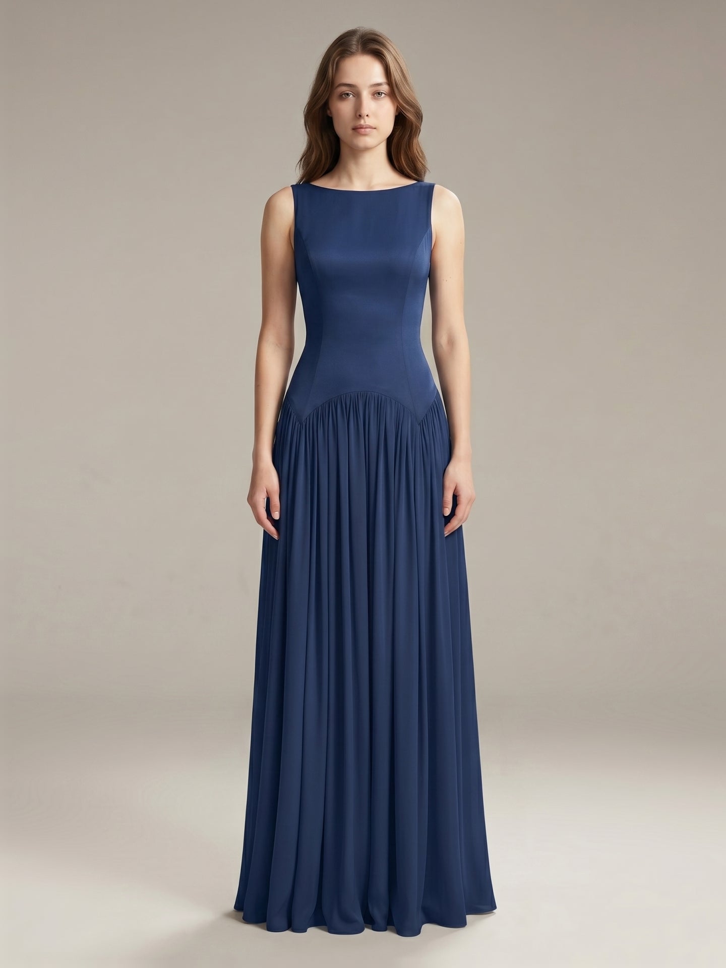 Navy Blue Chiffon A-Line Scoop Neck Back Zip Floor-Length Bridesmaid Dress with Pleated Details - Curvevia