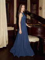 Navy Blue Chiffon A-Line Scoop Neck Back Zip Floor-Length Bridesmaid Dress with Pleated Details - Curvevia