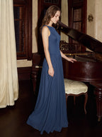 Navy Blue Chiffon A-Line Scoop Neck Back Zip Floor-Length Bridesmaid Dress with Pleated Details - Curvevia